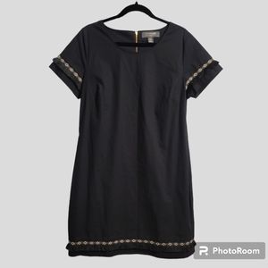 Coercion Shift Dress Womens Sz 10 Black Short Sleeve Stretch Aztec Fringe Trim